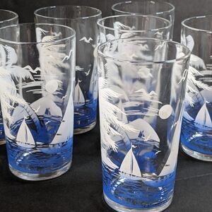 Vtg Federal Glass, Tumbler, Hi Ball, Barware w/ Sailboats Palm Trees Set Of 7
